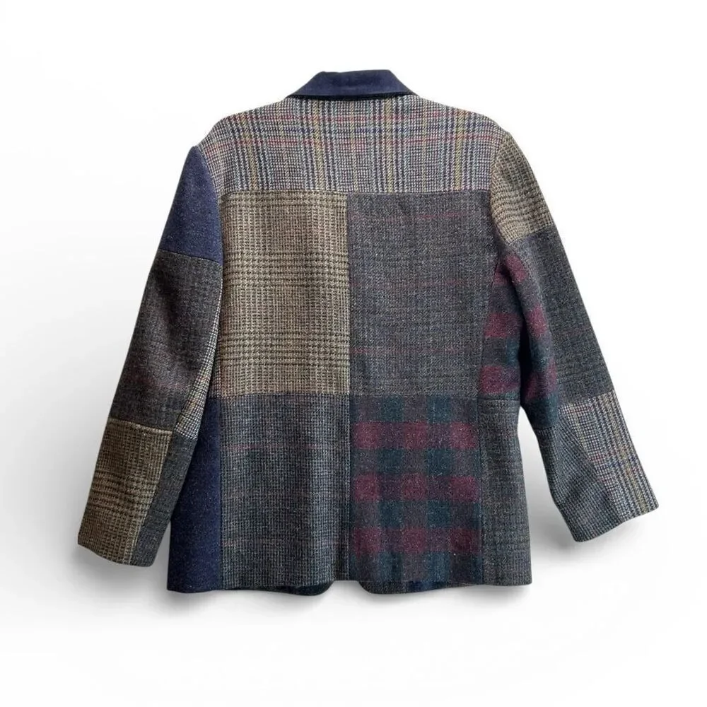 Patchwork Wool Jacket Blue Plaid Zip Front Vtg10 Dark Academia Quiet Luxury